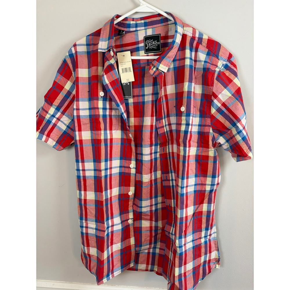 Jachs NY Mens Short Sleeve Plaid Button Down Shirt Red Blue White M16A-256-040 L
